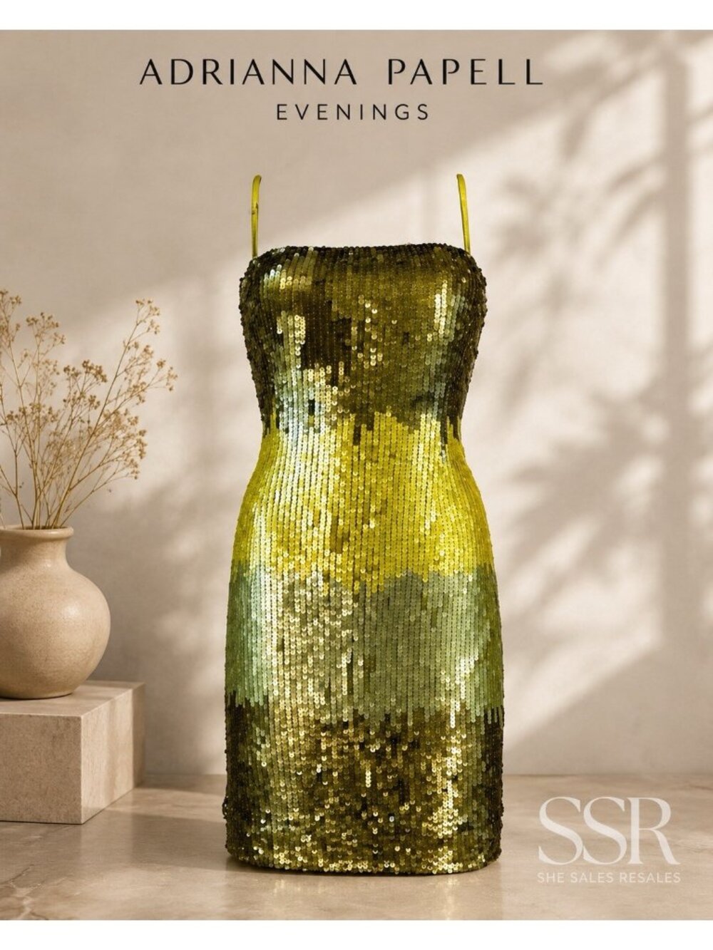 Adrianna Papell Evenings Ombre Sequin Cocktail Mini Dress Green Gold Size 10
